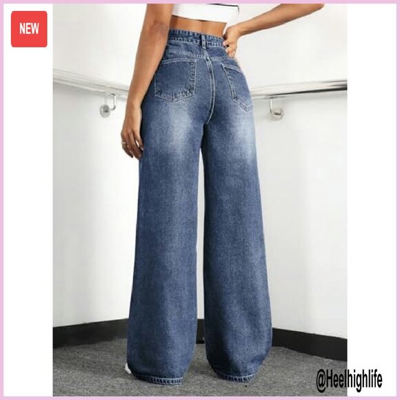 High Waisted Straight Leg Boyfriend Jeans, Stretchy Denim, Baggy Fit - Picture 3 of 7